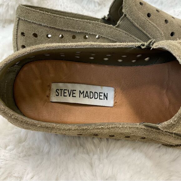 Steve Madden Widmer olive green leather suede perforated platform espadrilles 7B - Picture 7 of 14